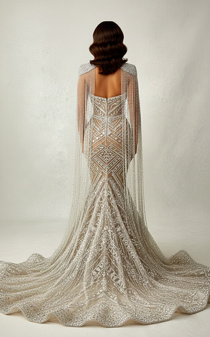 Vendetta Silver Geometric Fringe Capelet Rhinestone Wedding Mermaid Dress