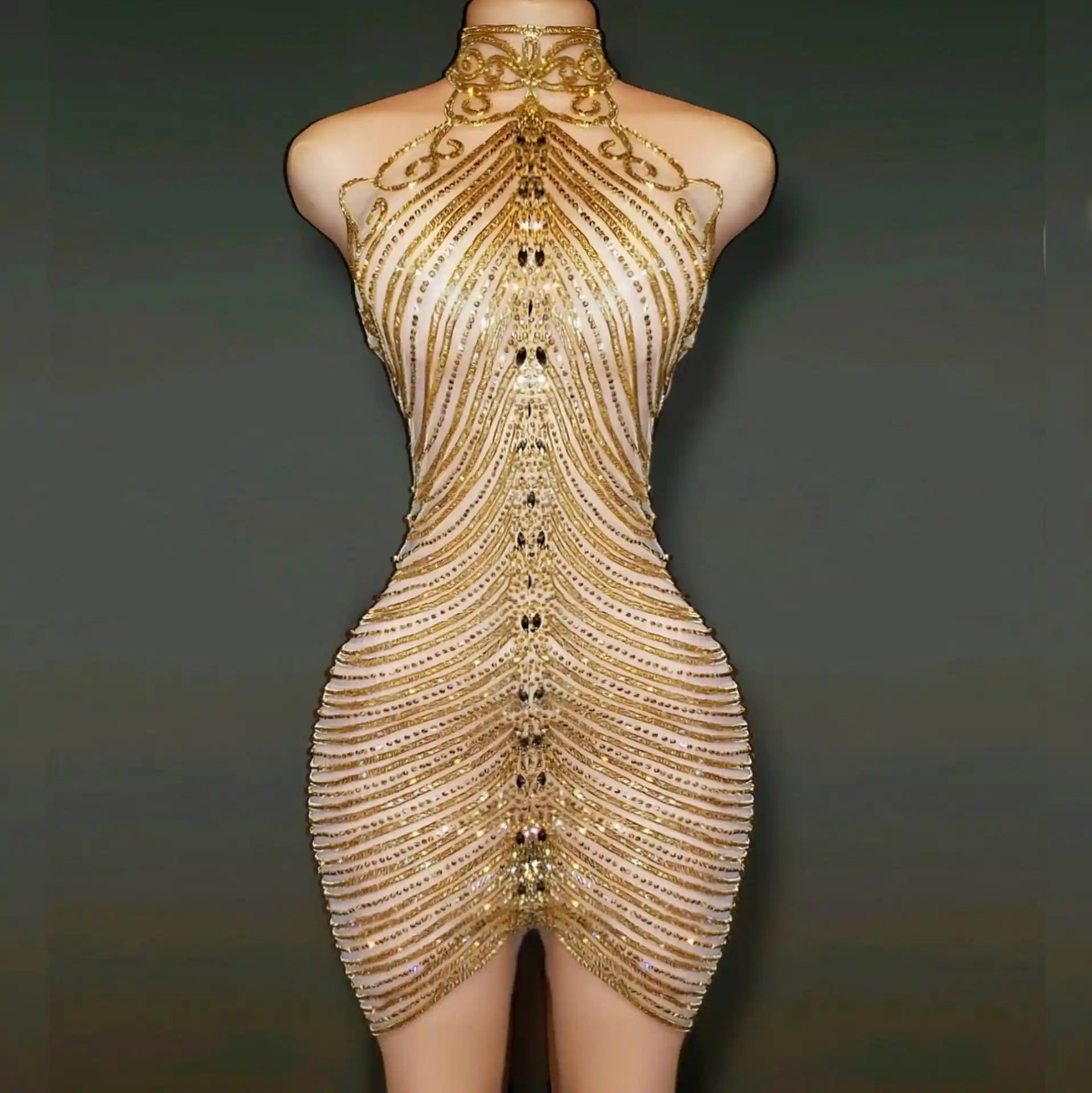 Flat-lay or mannequin shot of gold crystal halter mini dress