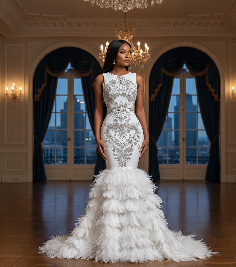 Dubai Rhinestone Feather Gown
