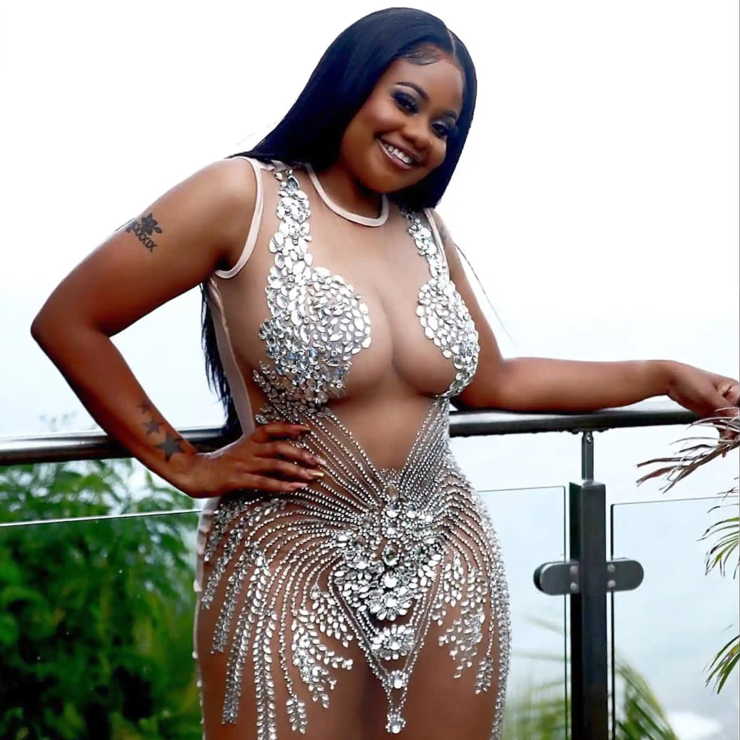 Model wearing London Rhinestone Mini Dress with sheer mesh and crystal detailing – front view