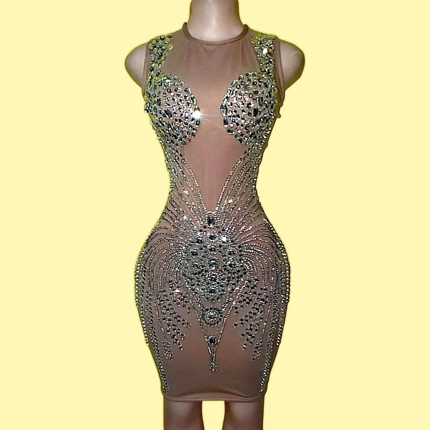 Model wearing London Rhinestone Mini Dress with sheer mesh and crystal detailing – front view