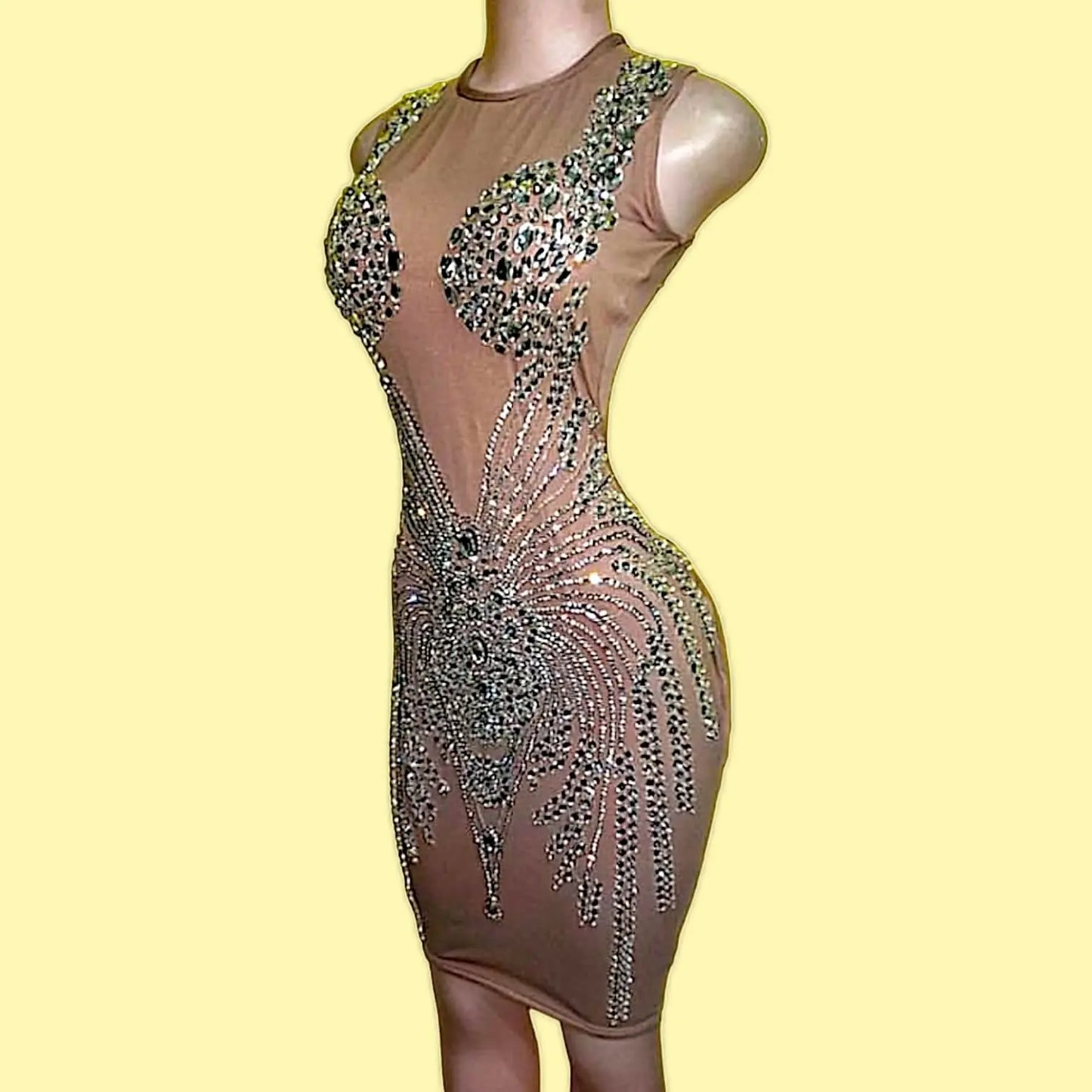 London Rhinestone Mini Dress with sheer mesh and crystal detailing – front view