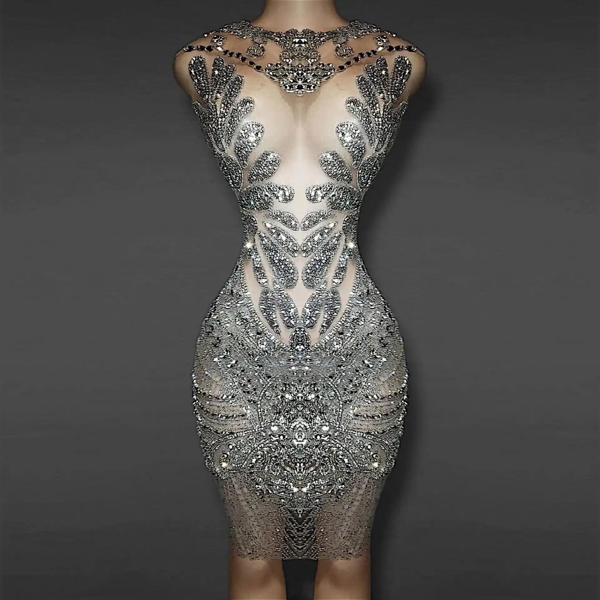 Model wearing Naijah Rhinestone Mini Dress in sheer crystal mesh – front view