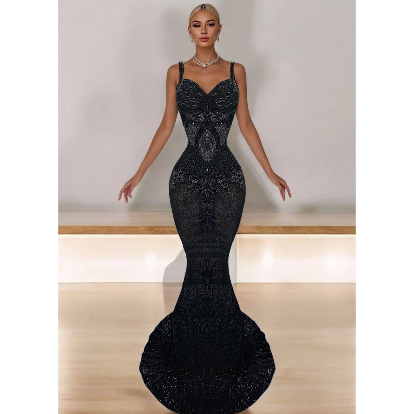 Model turning in shimmering prom dress with mermaid silhouette