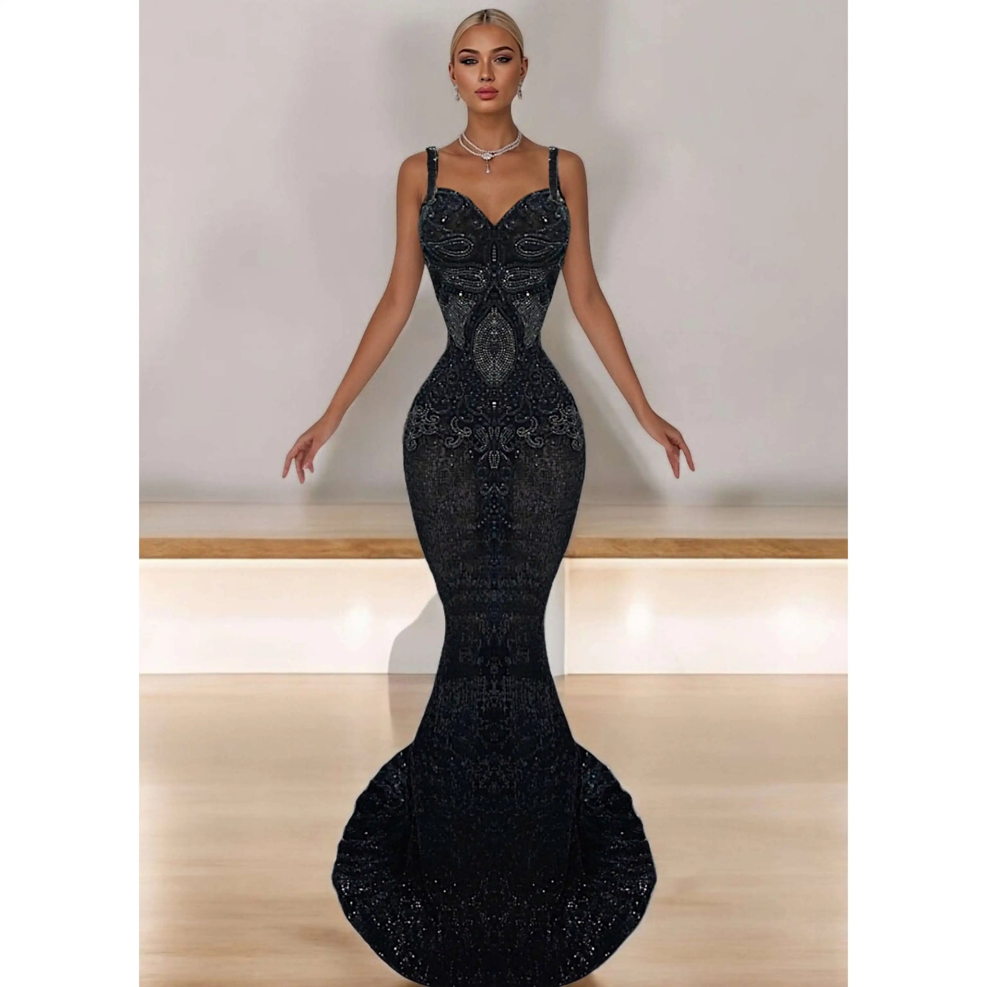 Model turning in shimmering prom dress with mermaid silhouette