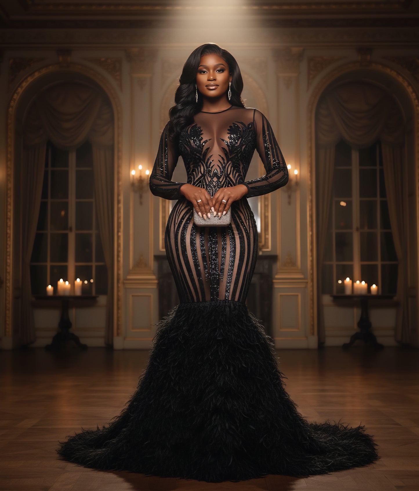 Sabrina long sleeve sequin feather gown