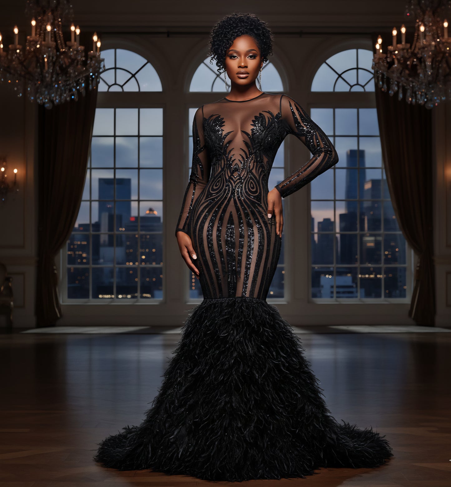 Sabrina long sleeve sequin feather gown