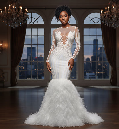 Sabrina long sleeve sequin feather gown