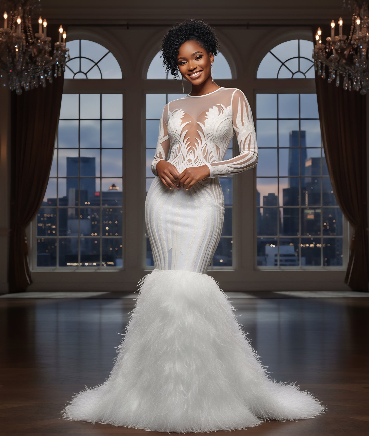 Sabrina long sleeve sequin feather gown