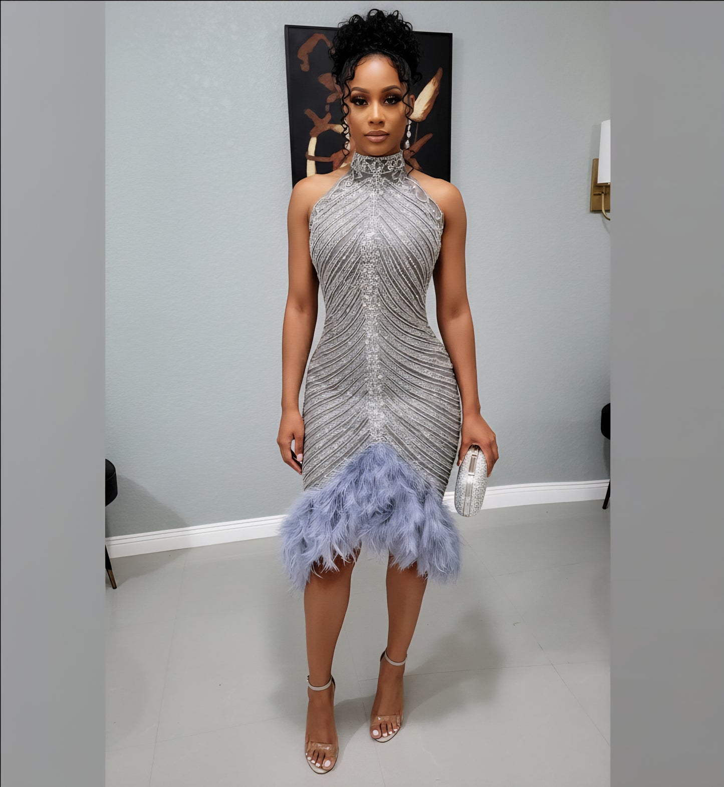 V Zena Rhinestone Feather Mini Dress