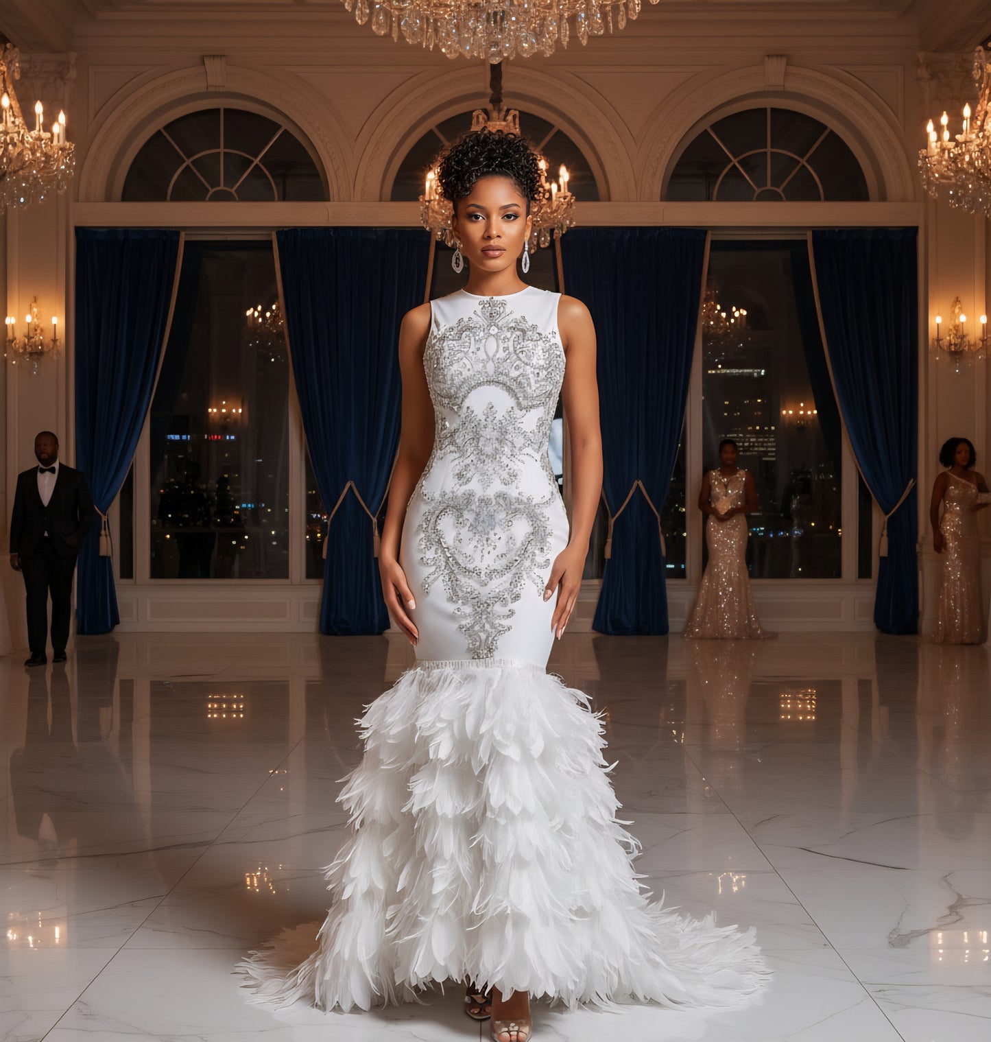 Dubai Rhinestone Feather Gown