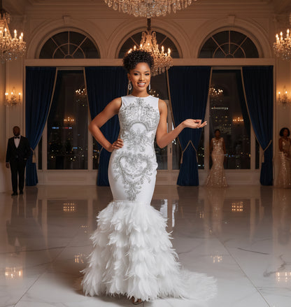 Dubai Rhinestone Feather Gown