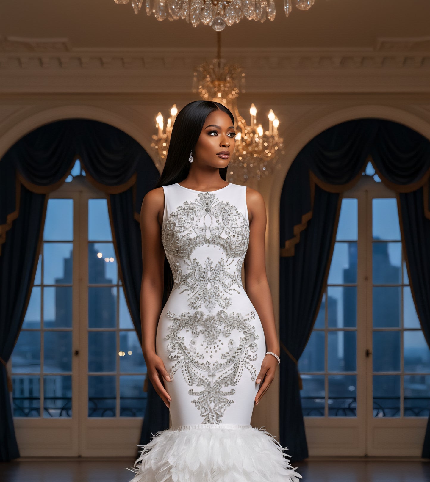 Dubai Rhinestone Feather Gown