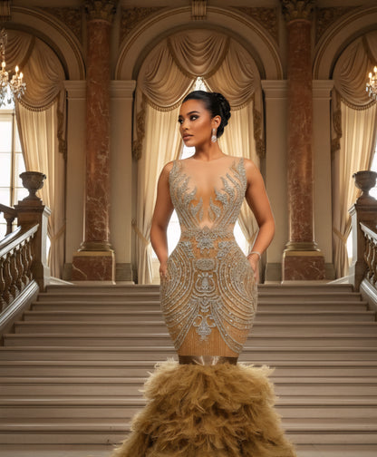 Fuego Rhinestone Feather Mermaid Gown