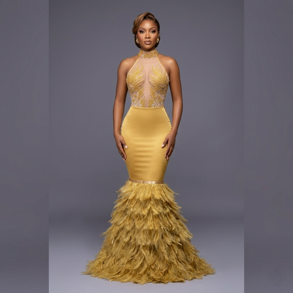 Widow sheer embroidery feather gown