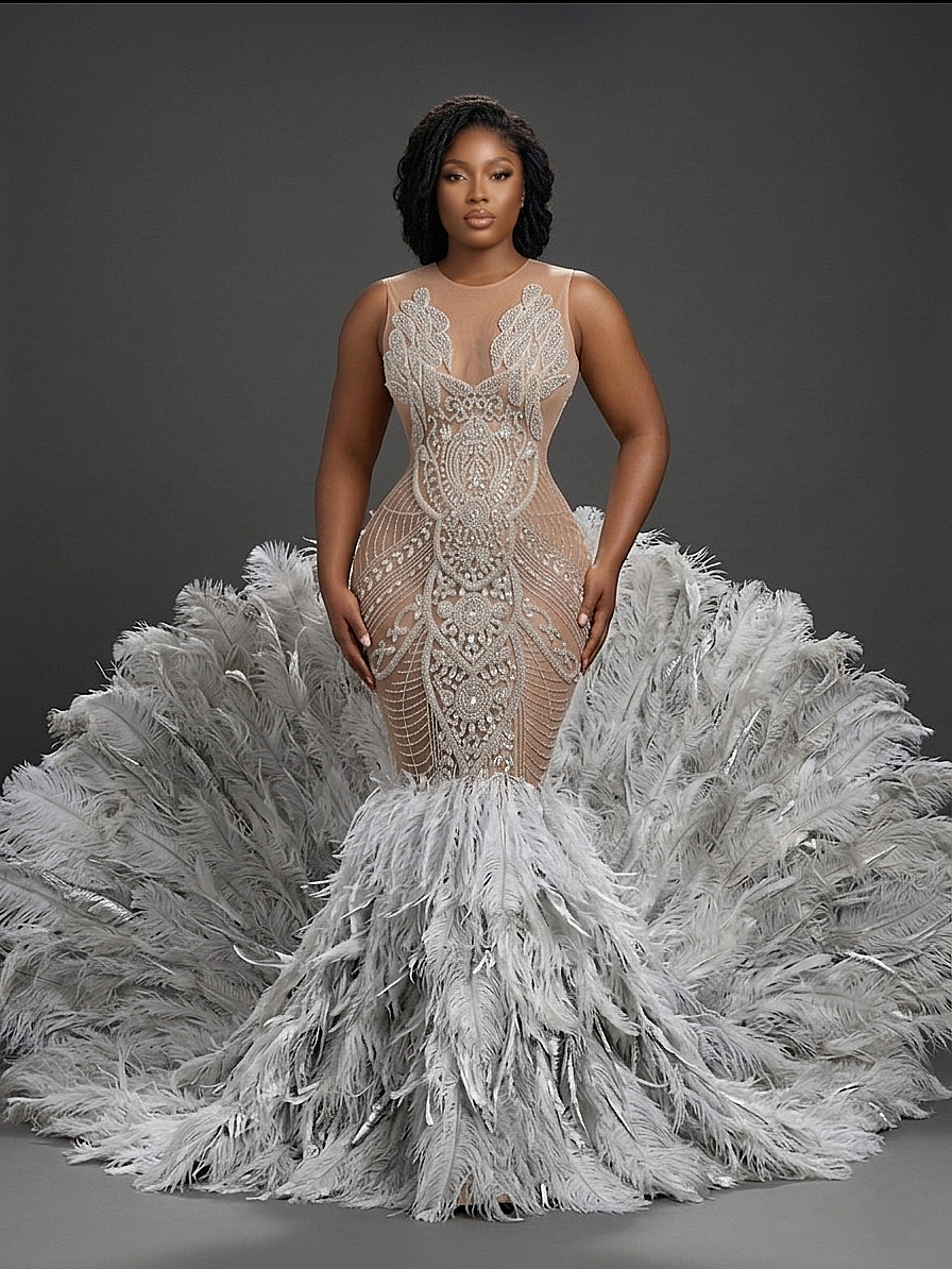 Seraphina Rhinestone Feather Mermaid Dress