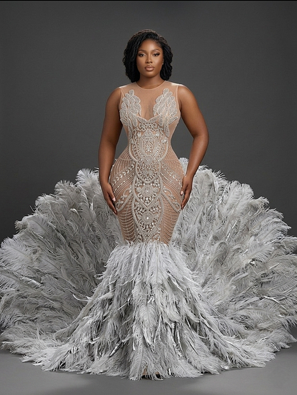 Seraphina Rhinestone Feather Mermaid Dress