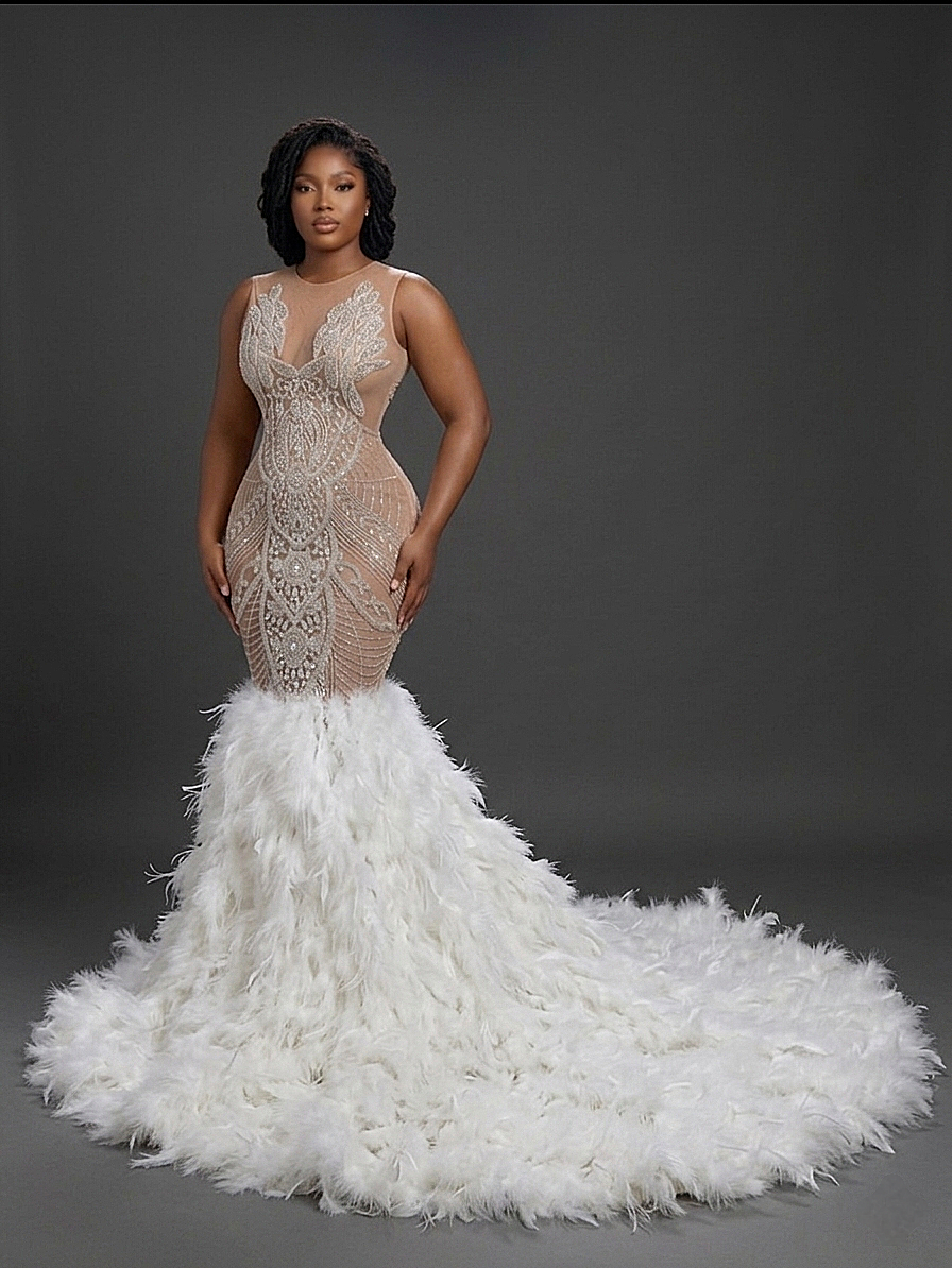 Seraphina Rhinestone Feather Mermaid Dress
