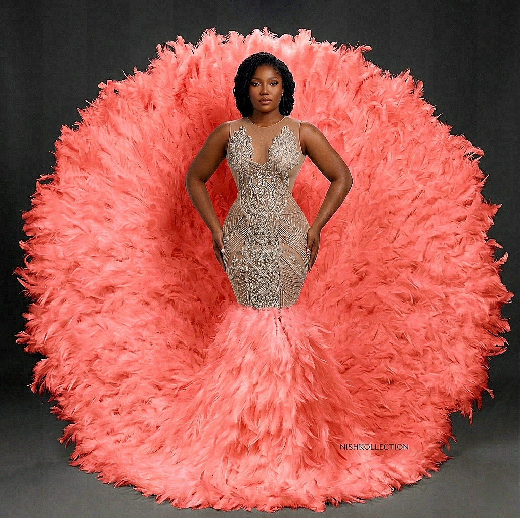 Seraphina Rhinestone Feather Mermaid Dress