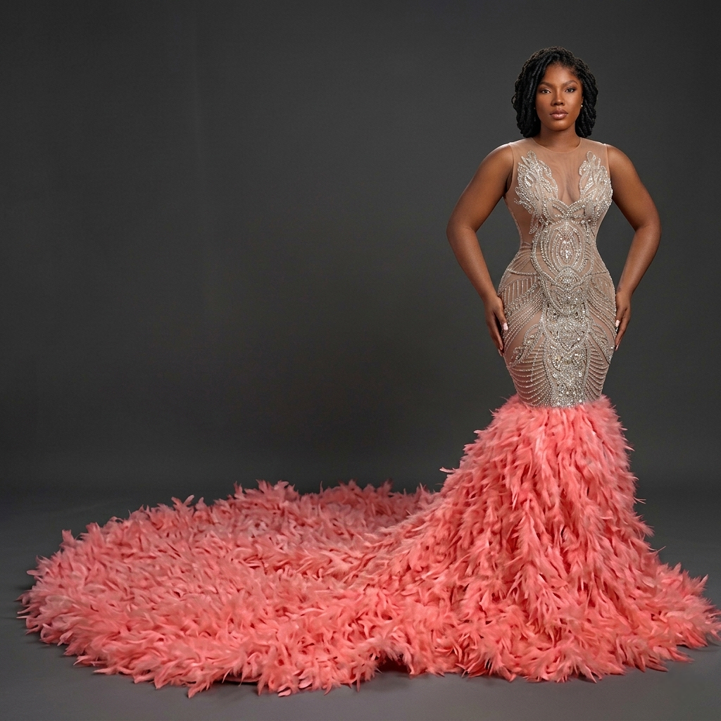 Seraphina Rhinestone Feather Mermaid Dress