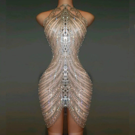 Front view of Diamond V Zena Rhinestone Dress with halter neckline and nude illusion base