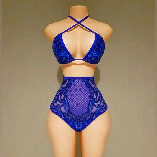 Bleu sequin two piece swimsuit