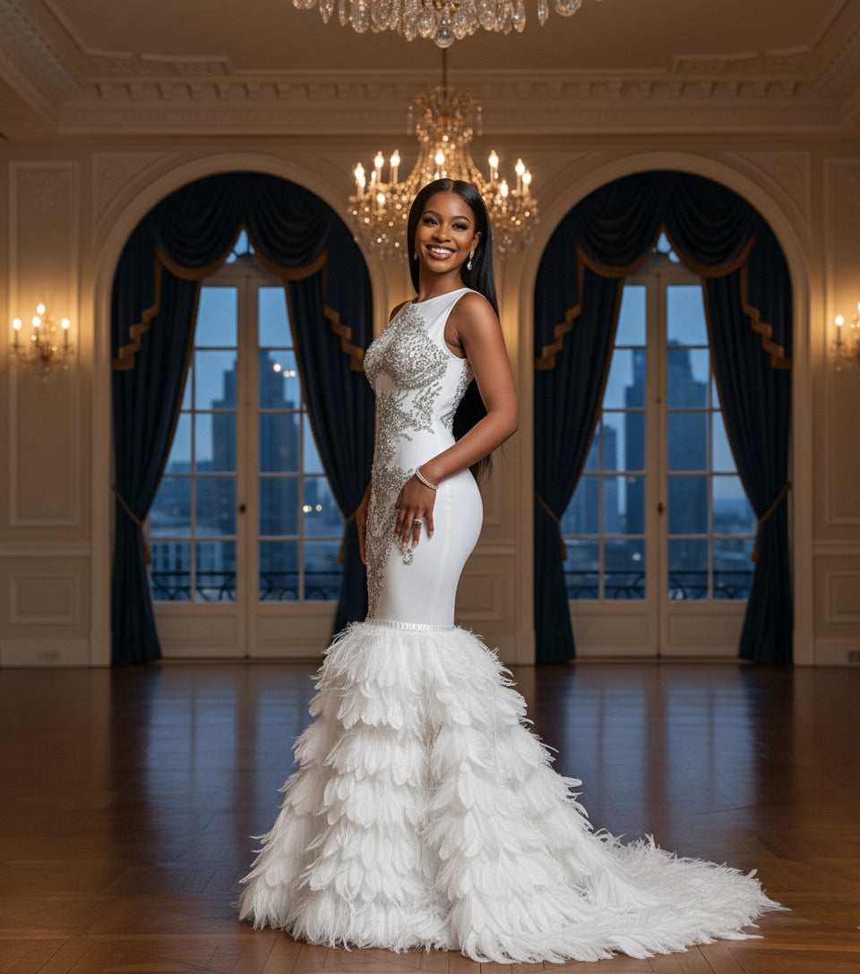 Dubai Rhinestone Feather Gown
