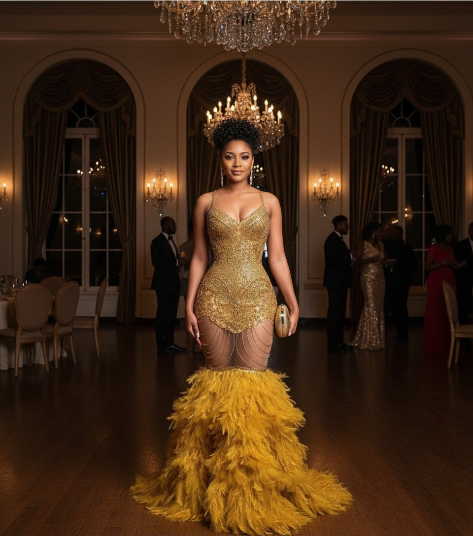 Shimmer Vince Feather Gown.