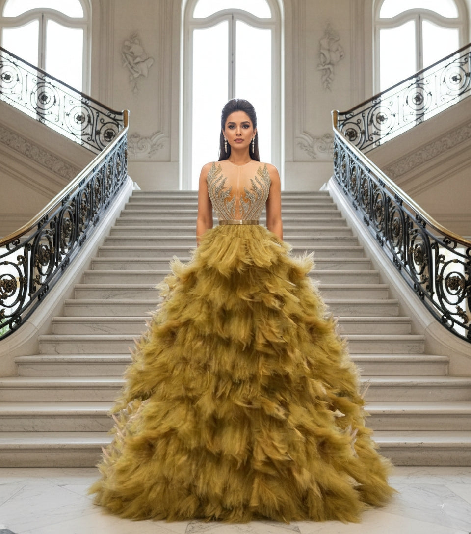 Fuego High Waist Feather Gown