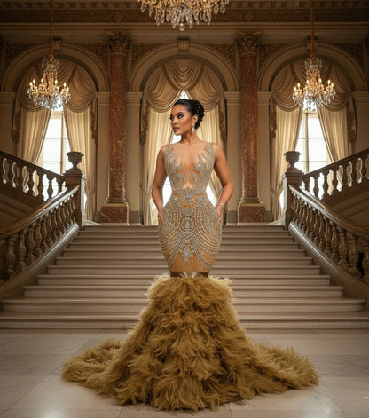 Fuego Rhinestone Feather Mermaid Gown