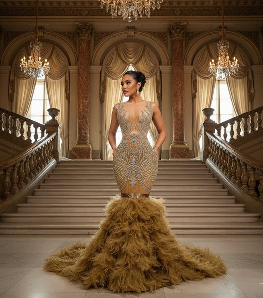 Fuego Rhinestone Feather Mermaid Gown