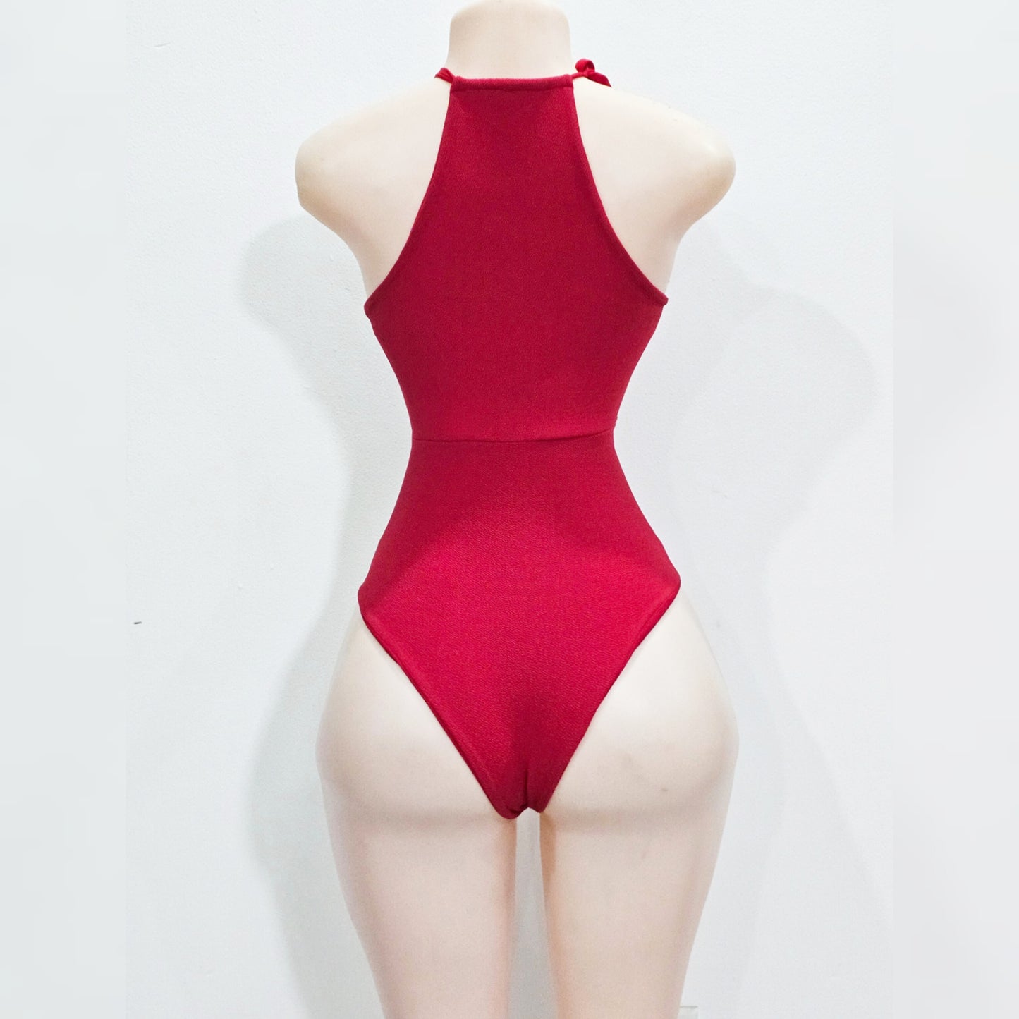 Aska Red Embroidery Sheer Lace One Piece Swimsuit