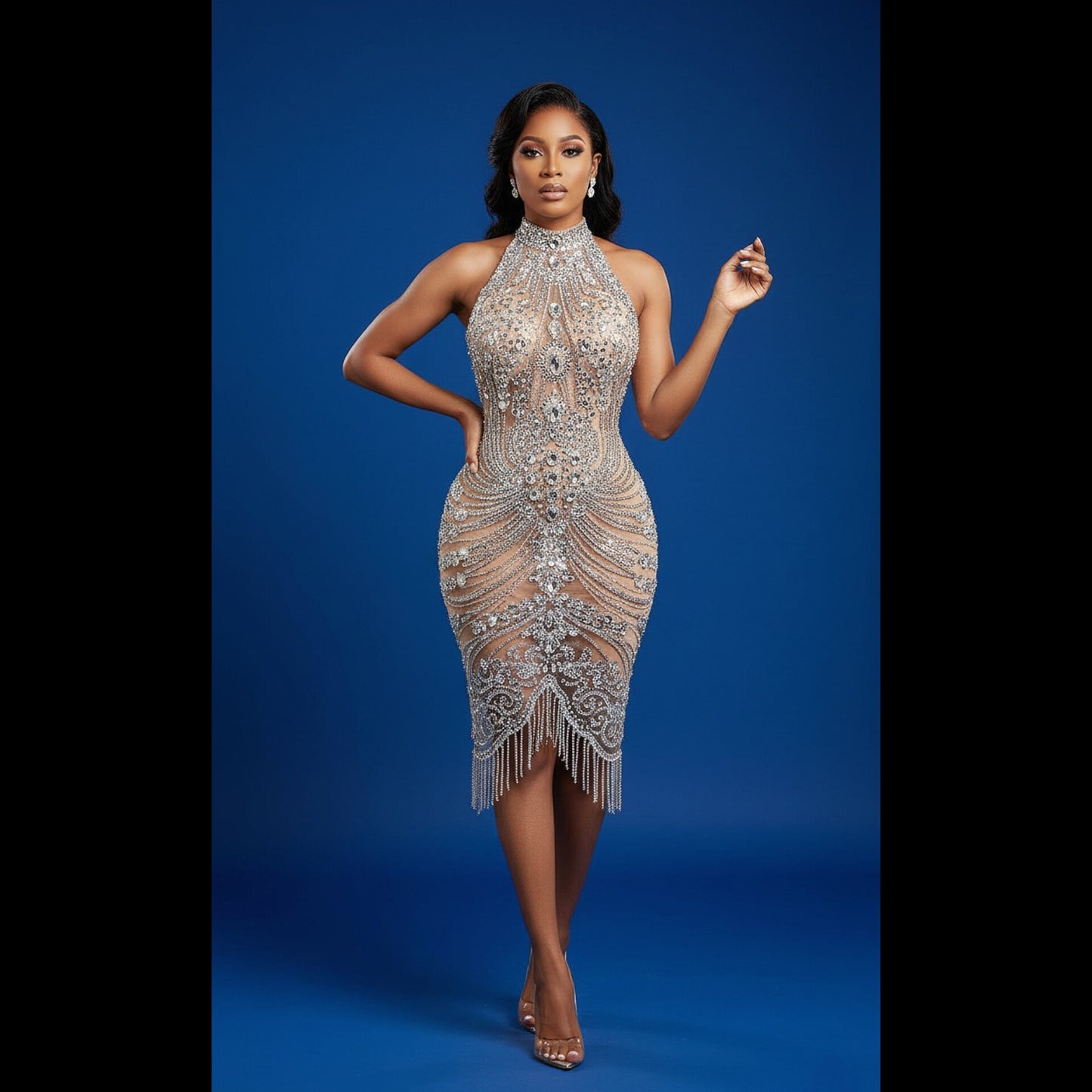 Molly Silver Halter Top Rhinestone Midi Dress