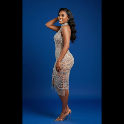 Molly Fringe Silver Halter Top Rhinestone Midi Dress