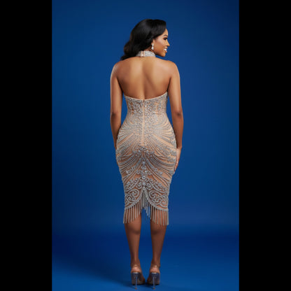 Molly Fringe Silver Halter Top Rhinestone Midi Dress