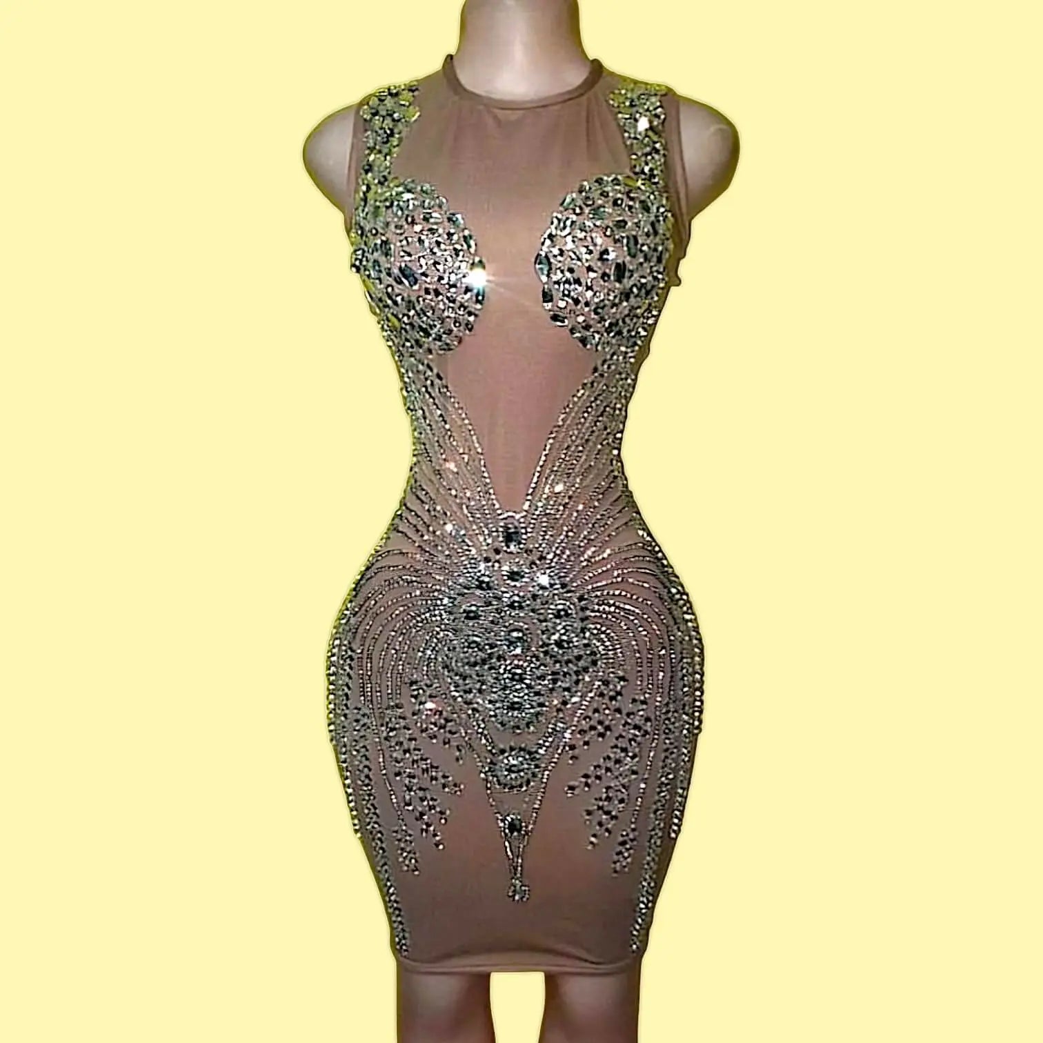 Model wearing London Rhinestone Mini Dress with sheer mesh and crystal detailing – front view