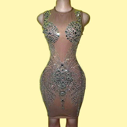 Model wearing London Rhinestone Mini Dress with sheer mesh and crystal detailing – front view