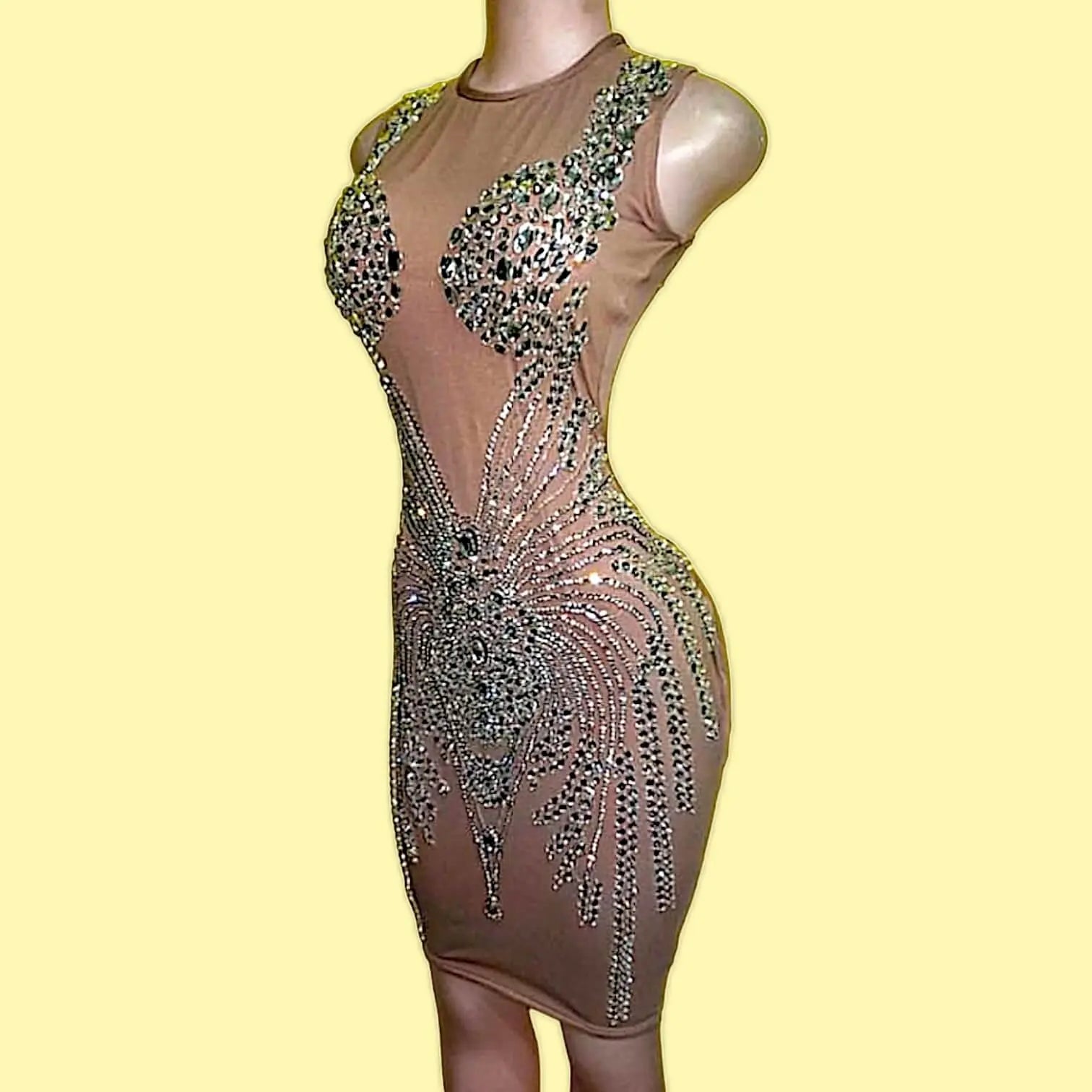 London Rhinestone Mini Dress with sheer mesh and crystal detailing – front view