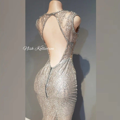 Back view of shimmer rhinestone dress with zip and open back