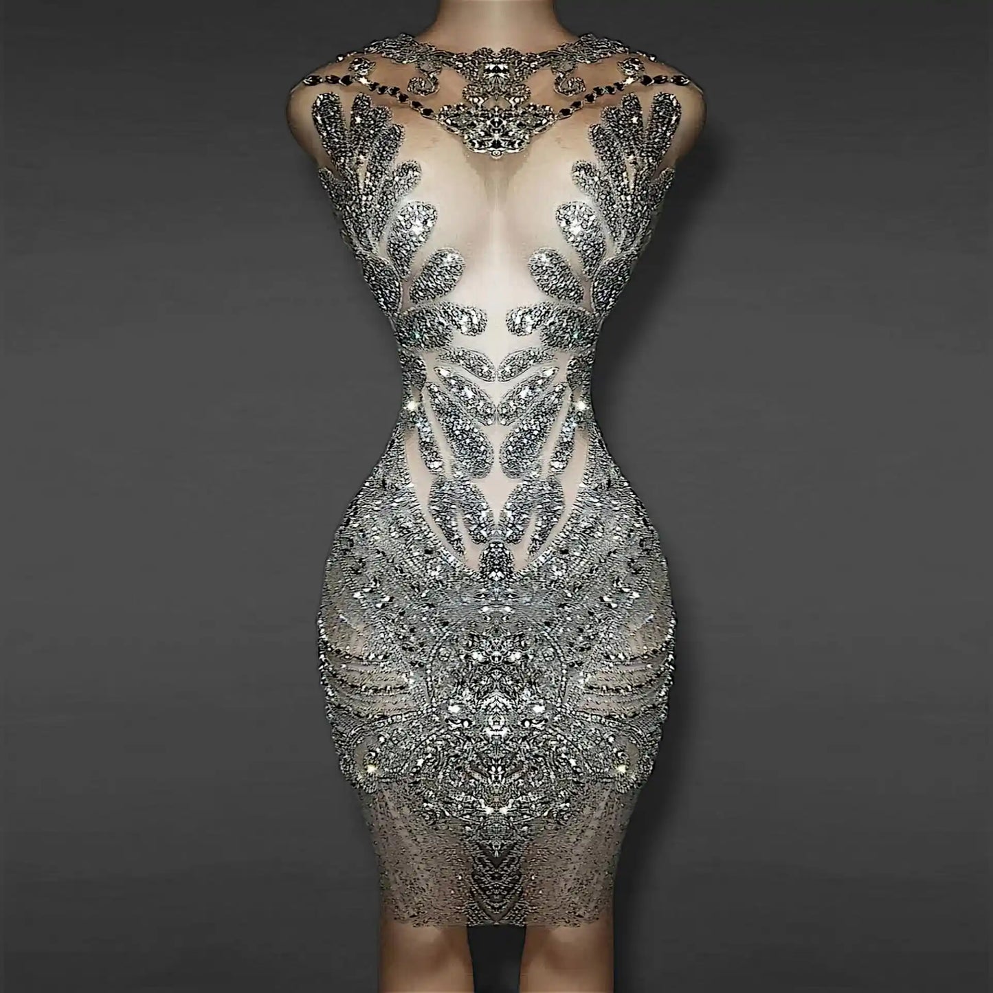 Model wearing Naijah Rhinestone Mini Dress in sheer crystal mesh – front view
