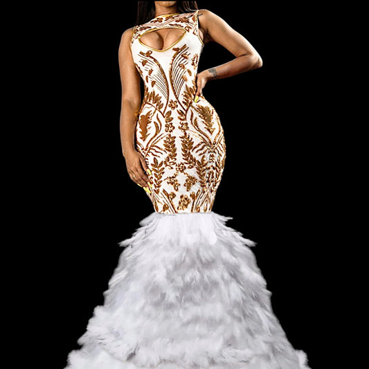 Sereena gold and white sequin sleeveless feather gown