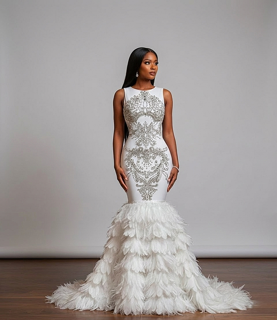Dubai Rhinestone Feather Gown